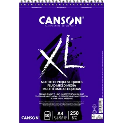Image of CANSON XL Fluid Mixed Media 250gsm A4 Paper, Smooth, Spiral Pad Short Side, 30 Extra White Sheets, Ideal for Professional Artists &amp; Illustrators