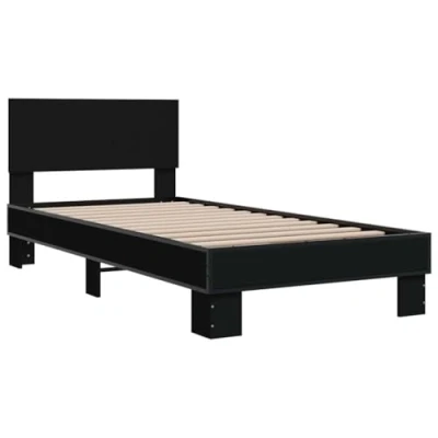 Image of vidaXL Small Single Bed Frame Black Engineered Wood and Metal with Plywood Slats Headboard Support, 75x190 cm Accommodating, for Bedroom