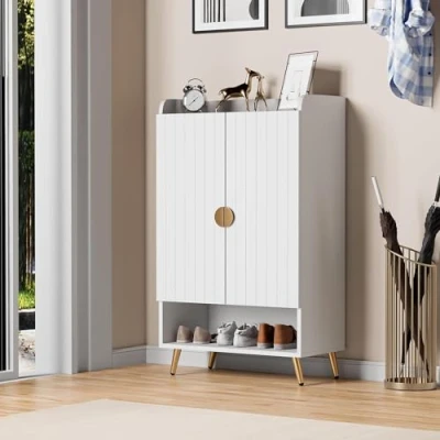 Image of FEFE Modern Shoe Cabinet with 2 Doors, Open Shelf and Adjustable Shelves, Hallway Cupboard for 15 Pairs of Shoes, Entryway Storage Unit (White)