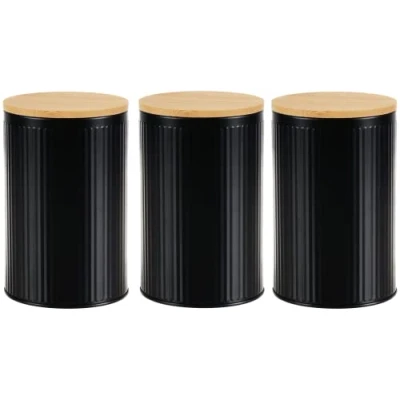 Image of Casa Cuisine® Set of 3 Round Tea, Coffee &amp; Sugar Storage Canisters Jars with Bamboo Lids Black