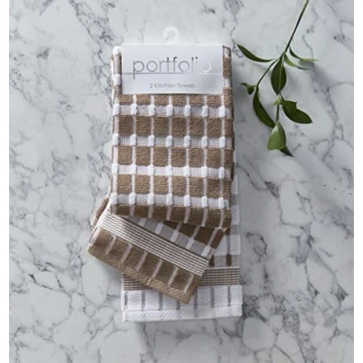 Image of Two Pack Check Design Tea Towels 100% Cotton 50cm x 80cm Natural Beige &amp; White