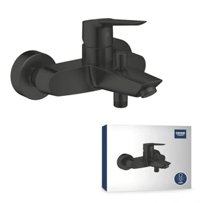 Image of GROHE Start 1 Lever Bath Filler Mixer Tap (Wall Mounted, Metal Lever, 35 mm Ceramic Cartridge, Automatic Diverter: Bath/Shower, S Unions, Wall Escutcheons), Matt Black, 242062432