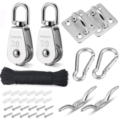 Image of TooTaci Crane Pulley Block M20 Lifting Swivel Hook Single Hanging Wire Towing Wheel 304 Stainless Steel with Nylon Line rope &amp; Carabiner, Oblong Eye Pad Plate, Cleat Hooks
