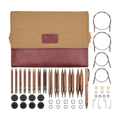 Image of KnitPro Ginger Interchangeable Needle Set 13 x 10cm Circular Knitting Pin Pairs with Accessories Grande Set, for Beginners, Professionals &amp; Gift Brown