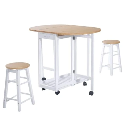 Image of HOMCOM 3PC Wooden Kitchen Cart Mobile Rolling Trolley Folding Bar Table Two Stools Dining Chair Storage Shelf w/2 Drawers &amp; 6 Wheels