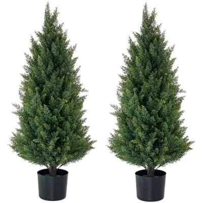 Image of ECOLVANT Artificial Topiary Tree Two 3 Foot Cedar Trees Indoor Outdoor UV Resistant Bushes Potted Plants Shrubs