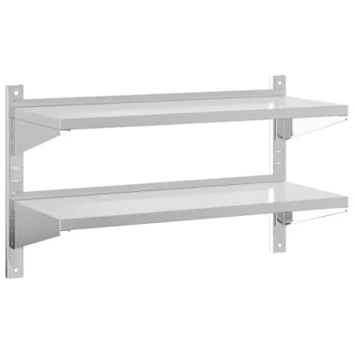 Image of vidaXL 2 Tier Wall Shelf Floating Storage Stainless Steel, Corrosion Resistant, 60 kg Load Capacity, Easy Installation, 100x40x60 cm