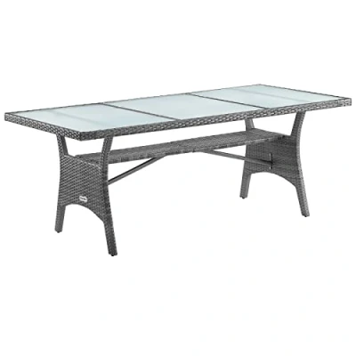 Image of CASARIA® XL Polyrattan and Glass Garden Table With Shelf 190x90x74cm Safety Top Plates Adjustable Levelling Feet Weatherproof Patio Dining Furniture Grey