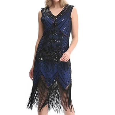 Image of Best Dance Women&#039;s 1920s Gatsby Sequin Art Deco Scalloped Hem Inspired Flapper Dress (UK 14 16, Blue)