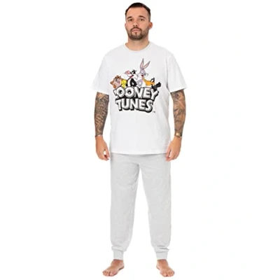 Image of LOONEY TUNES Mens Pyjamas Adult Grey Loungewear Pants &amp; White T Shirt Complete PJ Set Bugs Bunny Taz Daffy Duck Short Sleeve Tee Long Leg Bottoms Pajama Cartoon Merchandise Gift for Him