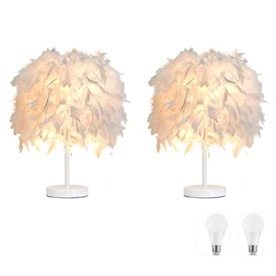 Image of 2 Pack Feather Table Lamp Bedside Lampshade Light White Base with 3W Bulb for Living Room, Bedroom, Bar, Restaurant, Home Decor, S