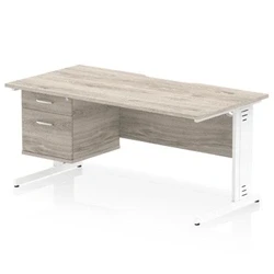 Image of Impulse 1600 x 800mm Scalloped Edge Office Desk Grey Oak Top White Cable Managed Leg Workstation 1 2 Drawer Fixed Pedestal