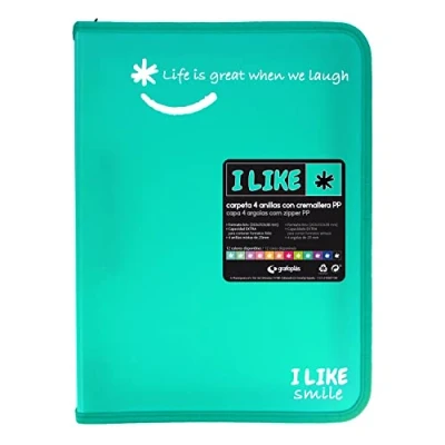 Image of Grafoplás 4800936. Ring Binder with Zipper, A4+, Turquoise, 4 Rings 25 mm, Like, Polypropylene