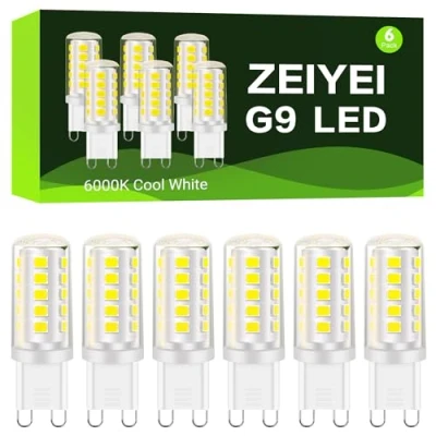 Image of ZEIYEI G9 LED Bulbs, 4W, Cool White, 6000K, 450LM, No Flicker, Equivalent to 40W Halogen, Not Dimmable, Energy Saving Bulb for Chandelier Home Lighting Decor and More 6 Pack