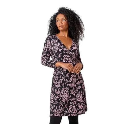 Image of Roman Originals Long Sleeve Tea Dress for Women UK Ladies Fit &amp; Flare Skater Swing Wrap Stretchy Frill Autumn Winter Evening Cocktail Party Work Office Casual Knee Length Black Pink Size 14