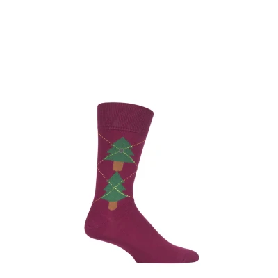 Image of 1 Pair Red Christmas Tree Argyle Cotton Socks Men&#039;s 6.5 11 Mens Burlington