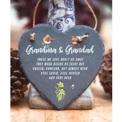 Image of Image Industry Grandma &amp; Grandad Slate Heart Hanging Memorial Gift Robin Lovers