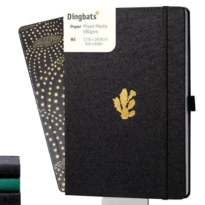 Image of Dingbats* Pro B5 Plain Large Notebook Black Textile Cover, Thread Bound Journal for Work, Travel Pocket, Elastic Closure, Pen Holder, Bookmark