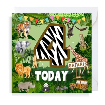 Image of Second Ave Safari Jungle Animal 4th Birthday Age 4 Square Children&#039;s Kids Greeting Card for Boy or Girl