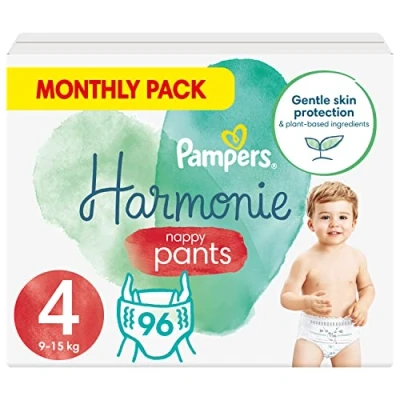 Image of Pampers Baby Nappy Pants Size 4 (9 15 kg/20 33 Lb), Harmonie, 96 Nappies, Monthly Savings Pack, Gentle Skin Protection and Plant Based Ingredients