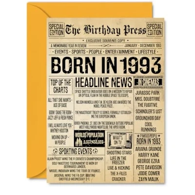 Image of 32nd Birthday Card for Women Men Bday Press Newspaper 1993 Happy 32 Cards Colleague Brother Friend Neighbour Niece Nephew, A5 Greeting