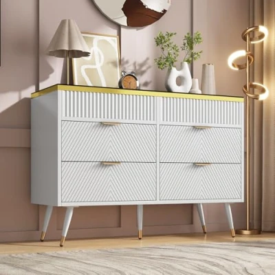 Image of Merax Sideboard Cabinet Dresser with 6 Drawers, Amber Glass Chest of Anti Tip, 120 x 40 76 cm, White Ideal for Living Room, Bedroom, Hallway, and Children&#039;s Room