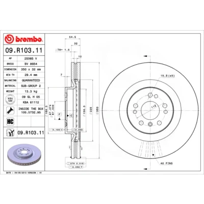 Image of 1644210512, 1644211412, A1644210512, A1644211412 Brake DISC BREMBO Coated LINE 09.R103.11 350mm 32mm 5 internally vented High carbon