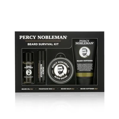 Image of Percy Nobleman beard Survival Kit, a Grooming Kit containing scented oil, balm, moustache wax, and softener