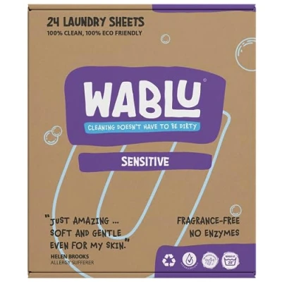 Image of WABLU Fragrance Free Laundry Detergent Sheets Non BIO (no enzymes) Hypoallergenic For use with sensitive skin and delicate fabrics 24 Washes