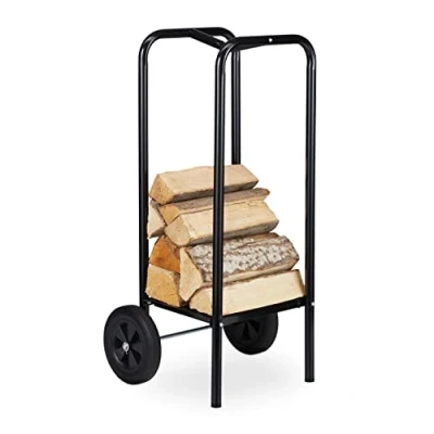 Image of Relaxdays Log Holder Cart, With 2 Pneumatic Tyres, Steel Firewood Trolley, Wood Transport &amp; Storage, up to 60 kg, Black