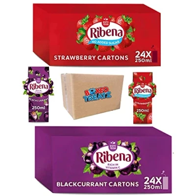 Image of Ribena Strawberry 24x 250ml + Blackcurrant Flavour Fruit Juice Bundle Of 48 Real No Artificial Colours Or Flavours Ready To Drink Boxed Treatz