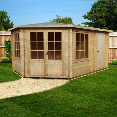 Image of Shire Rowney 4.3m x 3m Corner Log Cabin Summerhouse with Side Shed (28mm)