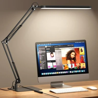 Image of SKYLEO LED Desk Lamp with Slim Base Adjustable Swing Arm Light, Dimmable, Timer, Eye Protection, Memory Function, 1300LM, 12W, Black