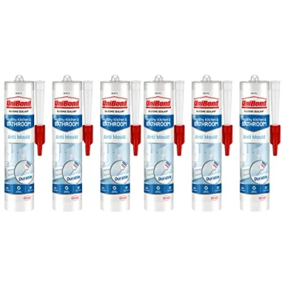 Image of UniBond Anti Mould White, Kitchen &amp; Bathroom Waterproof Sealant with Protection, Long lasting White Silicone Sealant, Powerful 6 x 274g Cartridge