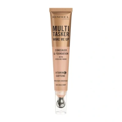 Image of Rimmel Multi Tasker Wake Me Up Foundation &amp; Concealer 025 Rose Ivory, Depuffs Brightens Dark Circles, Metallic Cooling Applicator, Caffeine Victamin C, 2% Niacinamide, Vegan, Cruelty free