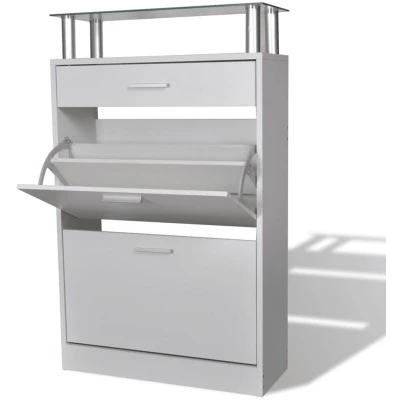 Image of vidaXL Shoe Cabinet White Engineered Wood Storage with Drawer and Top Glass Shelf 12 Pairs Capacity
