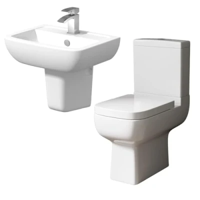Image of Affine Bathroom Cloakroom Suite Toilet Close Coupled WC Basin Sink Semi Pedestal White