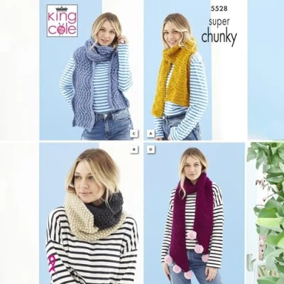 Image of King Cole Ladies Super Chunky Knitting Pattern Womens Scarves &amp; Loop Snood (5528)