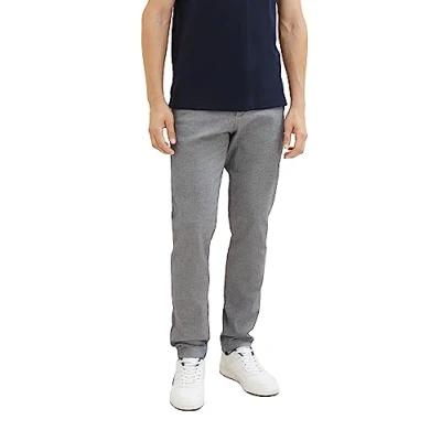 Image of TOM TAILOR Men&#039;s Slim fit Chino Trousers Made of Stretch piqué with Belt, 32284 white Navy Zig zag Structure, 28 W/34 L