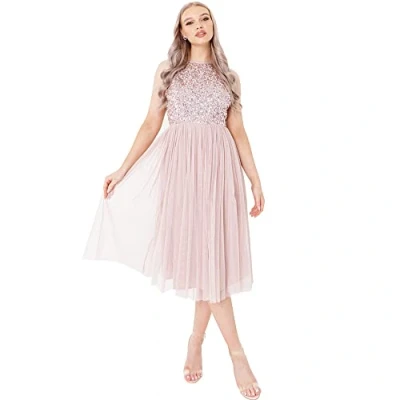 Image of Maya Deluxe Women&#039;s Ladies Midi Dress with Halter Neck Tulle for Evening Graduation Prom Wedding Bridesmaids Ball Gown, Frosted Pink, 14
