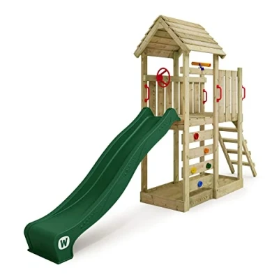 Image of WICKEY wooden climbing frame JoyFlyer with green slide, Outdoor kids playhouse roof, sandpit, ladder &amp; play accessories for the garden