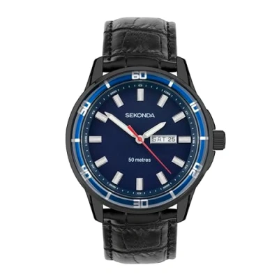 Image of Sekonda Sport Midnight Men&#039;s 44mm Quartz Watch in Blue with Analogue Day/Date Display, and Black Leather Strap 30205