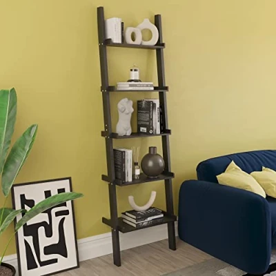 Image of Vida Designs York 5 Tier Ladder Bookcase Leaning Display Shelf Unit Living Room Office Furniture (Black)