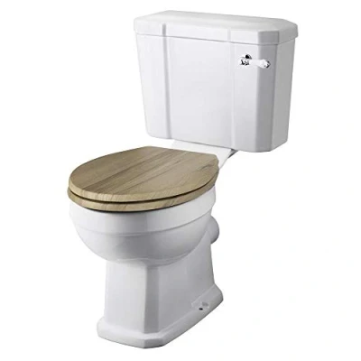 Image of Milano Richmond Traditional White Ceramic Close Coupled Toilet WC Pan and Warm Oak Effect Seat
