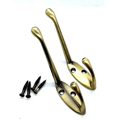 Image of 4 x Hat and Coat Hooks Antique Brass Metal Double Door Hangers with Screws