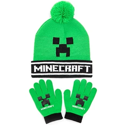 Image of Minecraft Kids Bobble Hat and Gloves Set Boys Girls Creeper Green Knitted Beanie Hand Warmer One Size Game Gift Merchandise