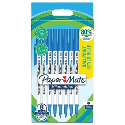 Image of Paper Mate Kilometrico Ballpoint Pens Long Writing with Medium Point (1.0mm) Blue Ink 80% Recycled Plastic 8 Count