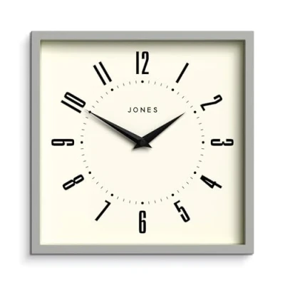Image of Jones Clocks® Box wall clock Retro square 25cm Grey Easy to read numbers Perfect kitchen or office