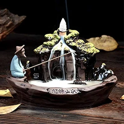 Image of Guilin Landscape Backflow Incense Burner, Beautiful Scene Handmade Ceramic Holder Home Decor with Free 10 pcs Cones