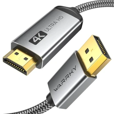 Image of WARRKY 4K DisplayPort to HDMI Cable, 1.8m/6ft [Gold Plated Connectors, Aluminium Shell] Nylon Braided DP Computer Lead for Multi Screen, Compatible Lenovo, HP, DELL, AMD, NVIDIA &amp; More